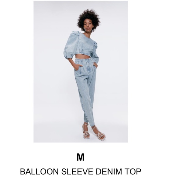 Zara Balloon Sleeve Denim Top Size M - Picture 5 of 7